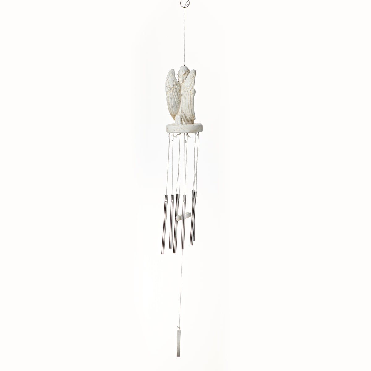 Back view of Joseph's Studio Memorial Angel Wind Chime showing the angel figure, metal chimes, and lower hanging pendant