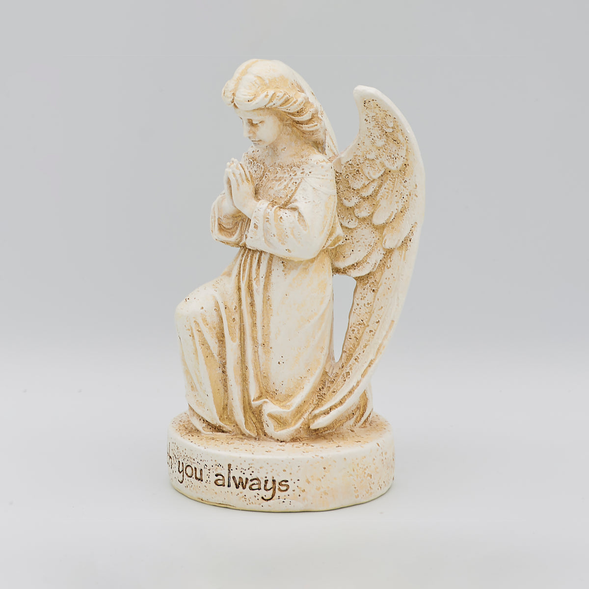 Front angled view of Joseph's Studio With You Always Angel Statue showing the praying pose, sculpted wings, and memorial base