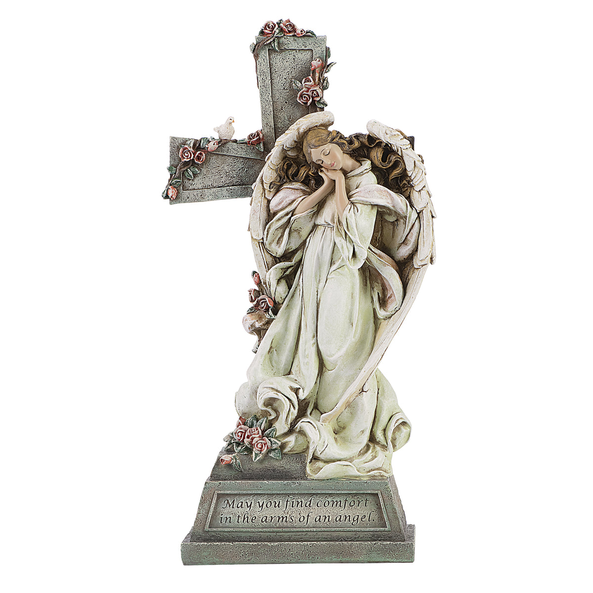 Front angled view of Joseph's Studio Angel with Folded Hands Memorial Garden Statue showing the angel, memorial cross, folded hands, and decorative base