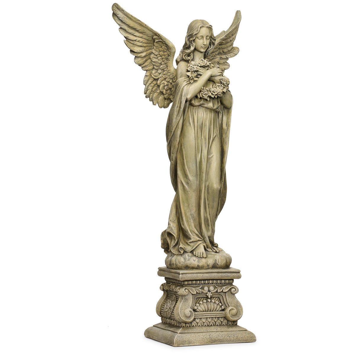 Front angled view of Joseph's Studio Angel With Wreath Garden Statue highlighting the floral wreath, outstretched wings, and detailed pedestal base