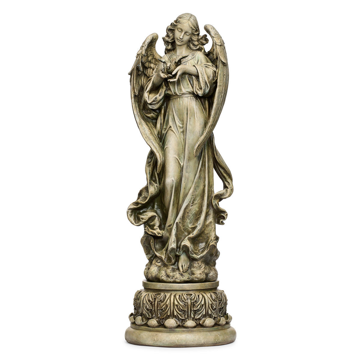 Front view of Joseph's Studio Angel with Dove Garden Statue showing the angel holding the dove close to her heart with symmetrical wings and sculpted robe details