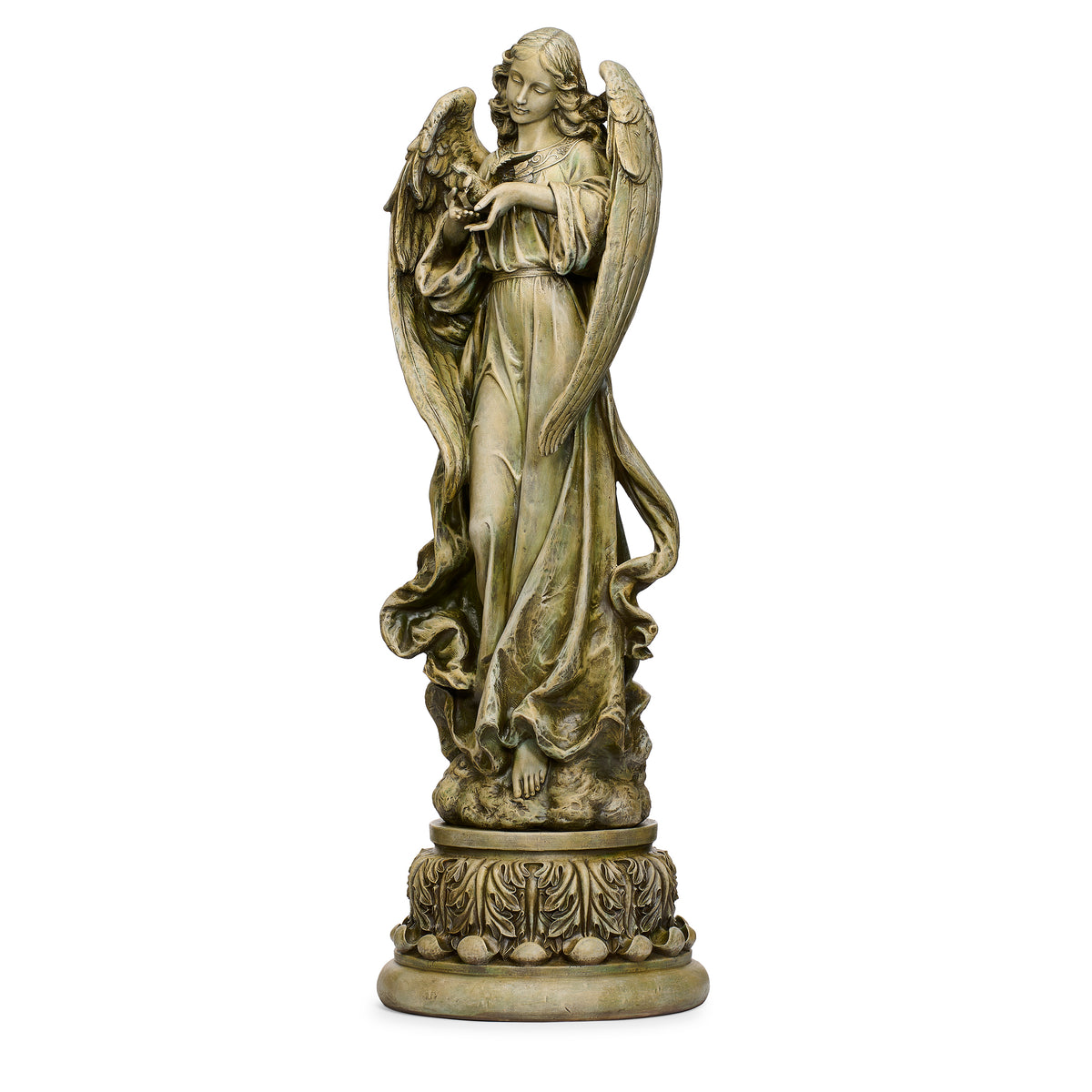 Alternate front angled view of Joseph's Studio Angel with Dove Garden Statue highlighting the dove, folded arms, curved wings, and ornate base