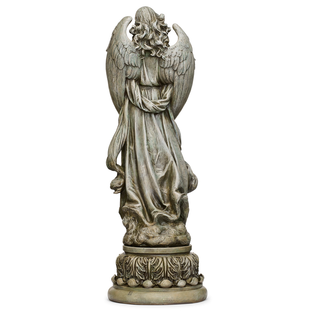 Back angled view of Joseph's Studio Angel with Dove Garden Statue showing the large feathered wings, flowing gown, and decorative base