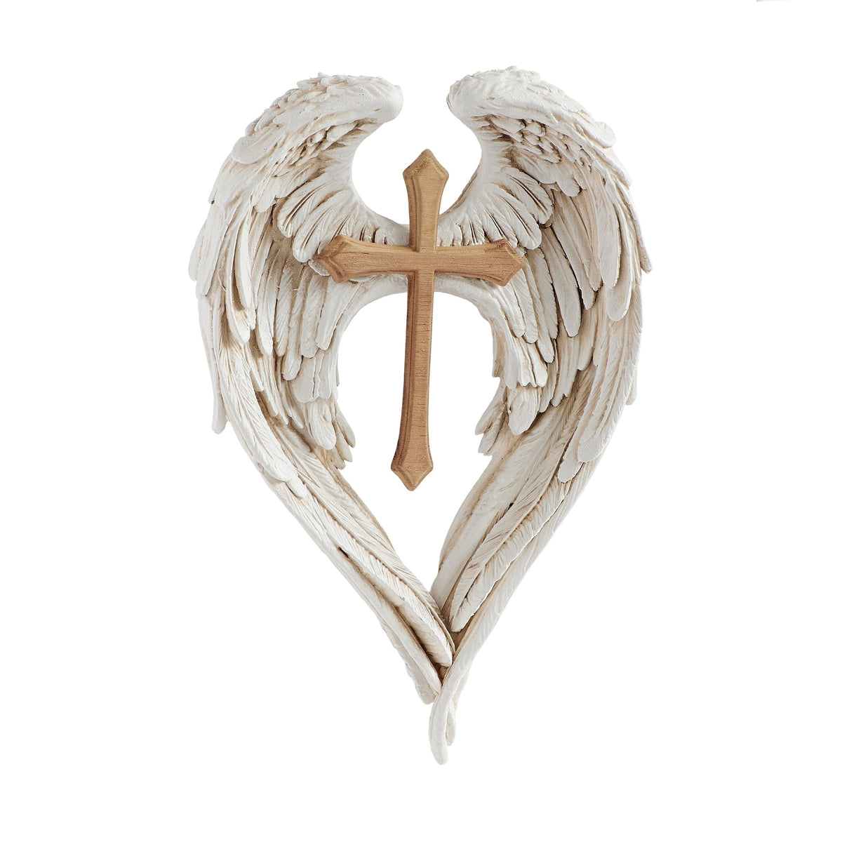 Angel wing wall cross angled front view showing feather details