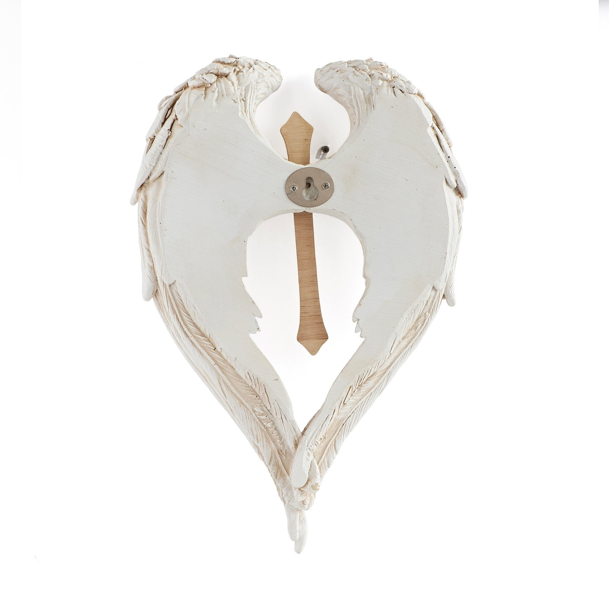 Angel wing wall cross back view with hanging hardware