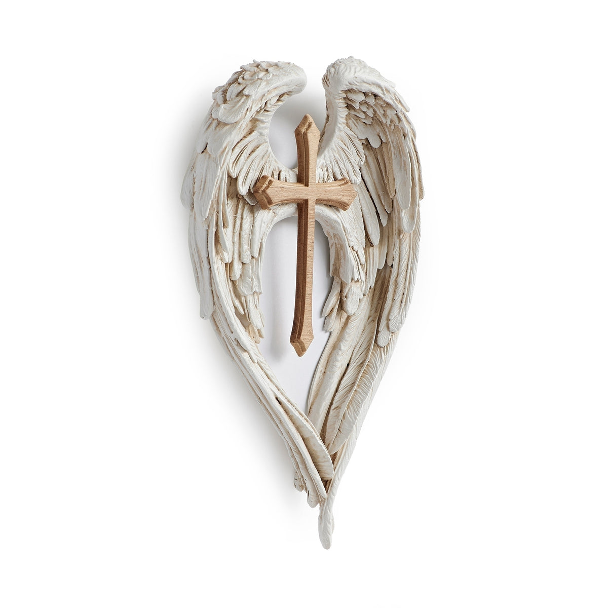Angel wing wall cross side view with sculpted wings and gold-tone cross