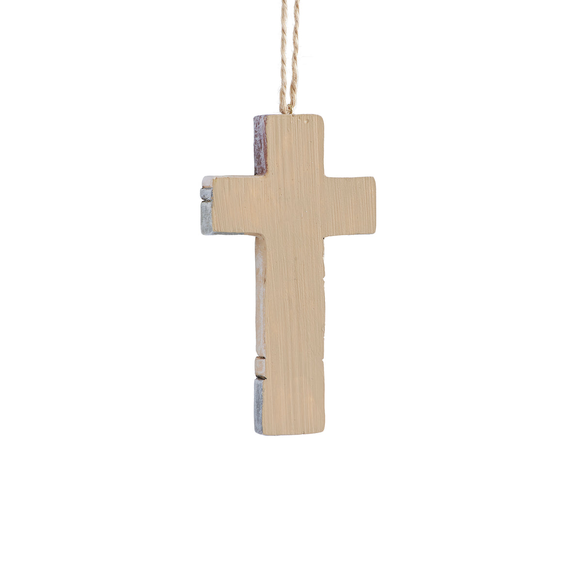 Rear view of crossword cross ornament showing its plain tan back and hanging cord.