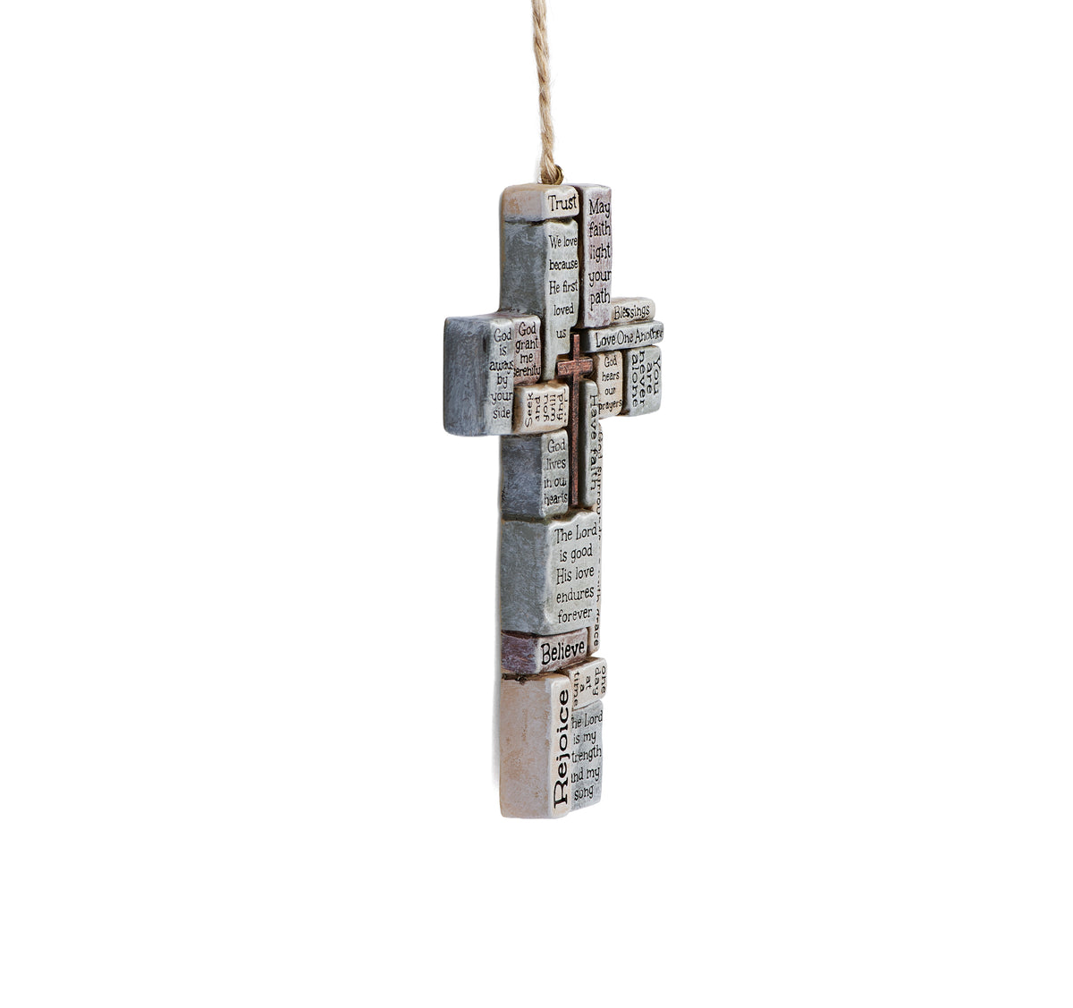 Side view of crossword cross ornament showing its layered word blocks and slim profile.