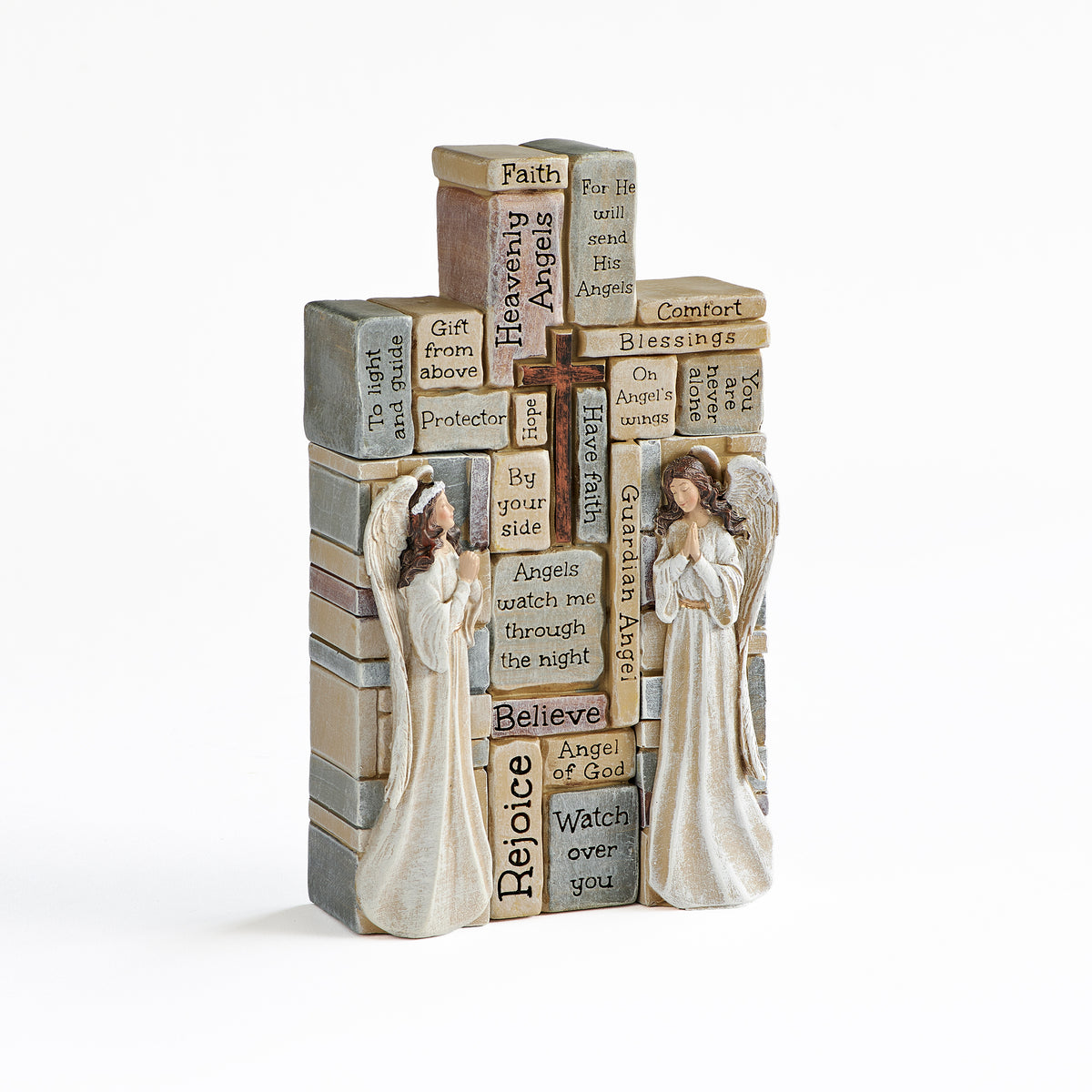 Rear view of Crossword Angel Block & Cross Set showing the word-covered cross, sculpted angel figures, and dimensional construction