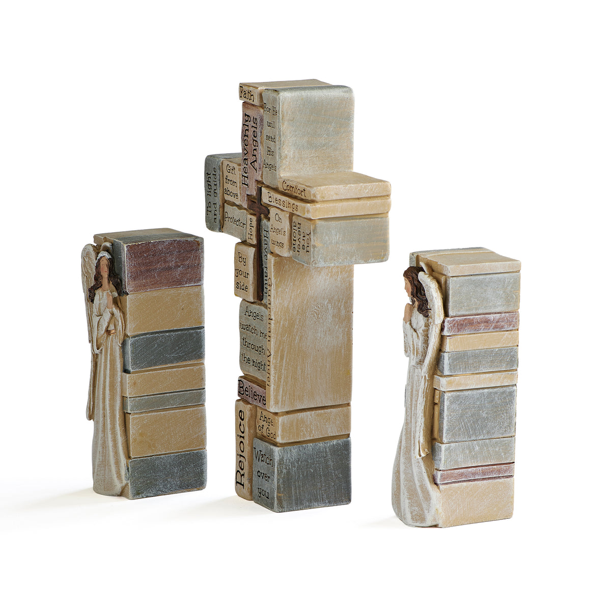 Rear angled view of Crossword Angel Block & Cross Set showing the depth of the cross and freestanding decorative pieces
