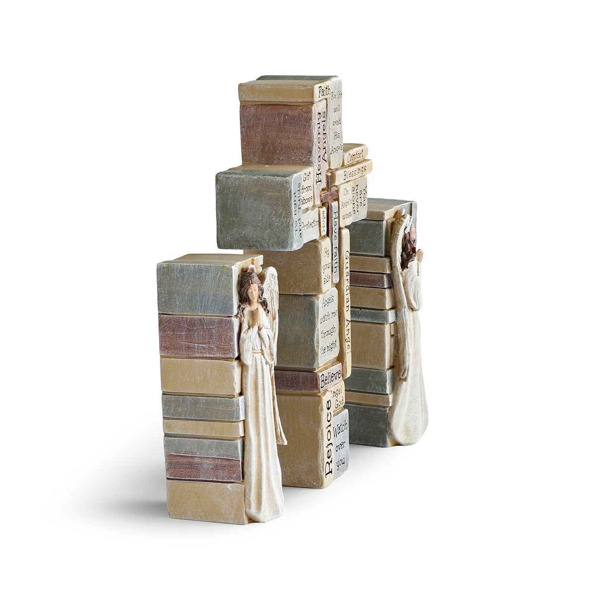 Side angled view of Crossword Angel Block & Cross Set showing the individual freestanding pieces and layered block design