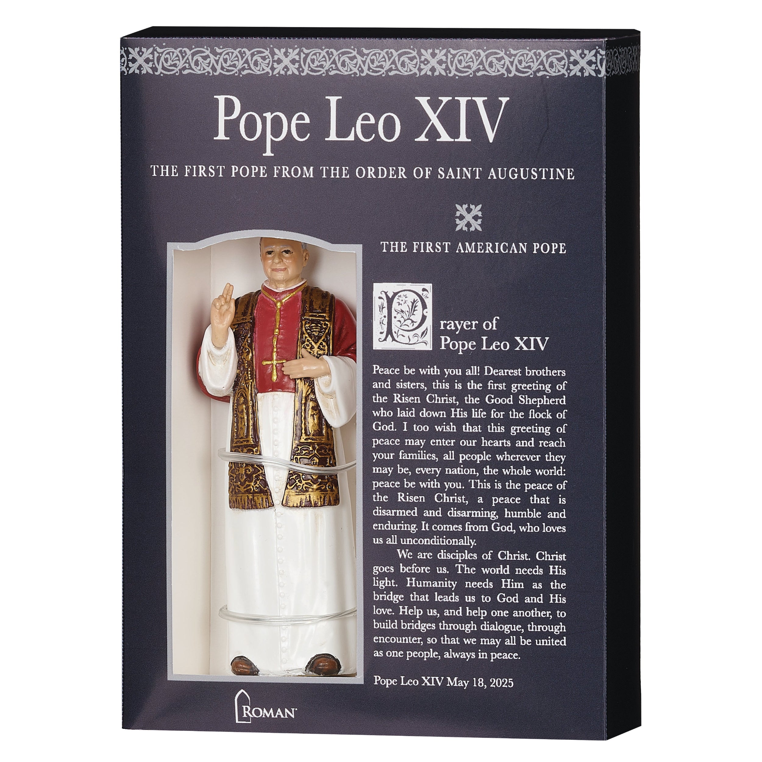 Box packaging of a figure of Pope Leo XIV with text and design elements.