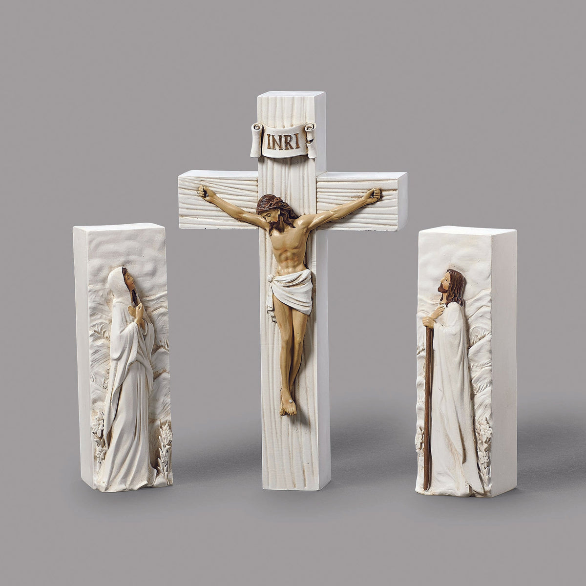 Block Crucifix 3-piece religious set with Jesus on cross, Mary and coordinating figure - front view