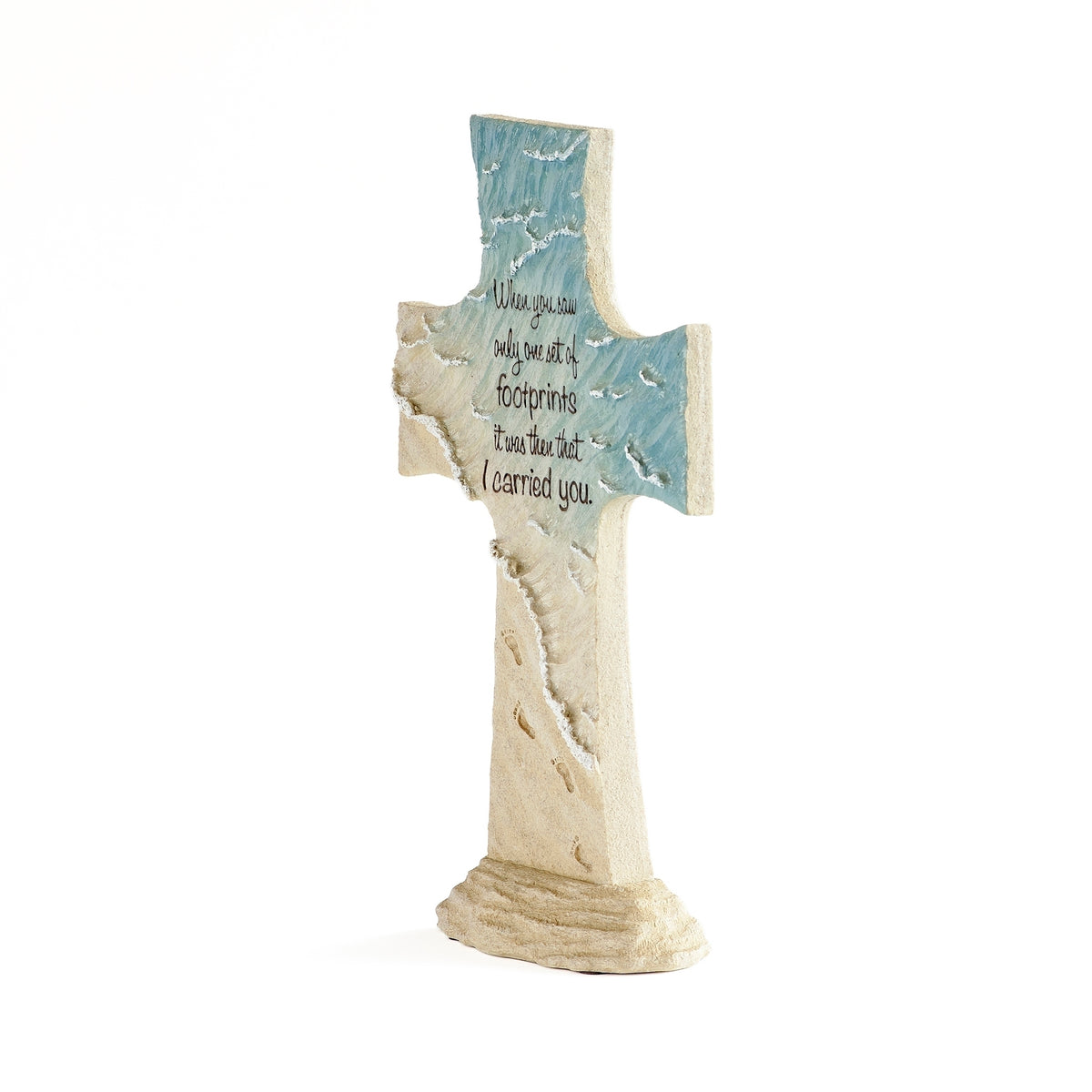 Opposite front angle of tabletop cross showing its slim profile and footprints down the stem.