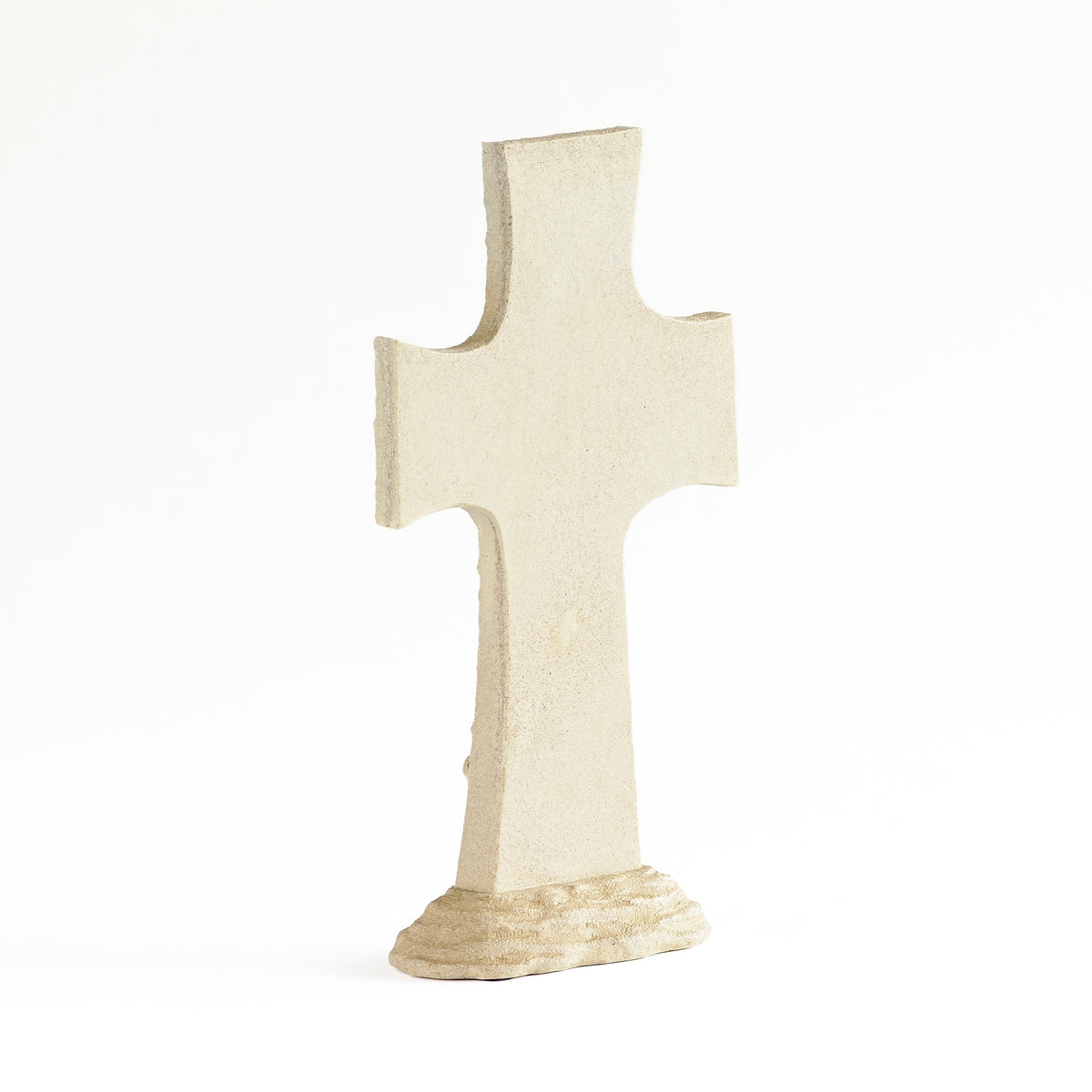 Rear view of Footprints cross showing its plain cream back and textured base.