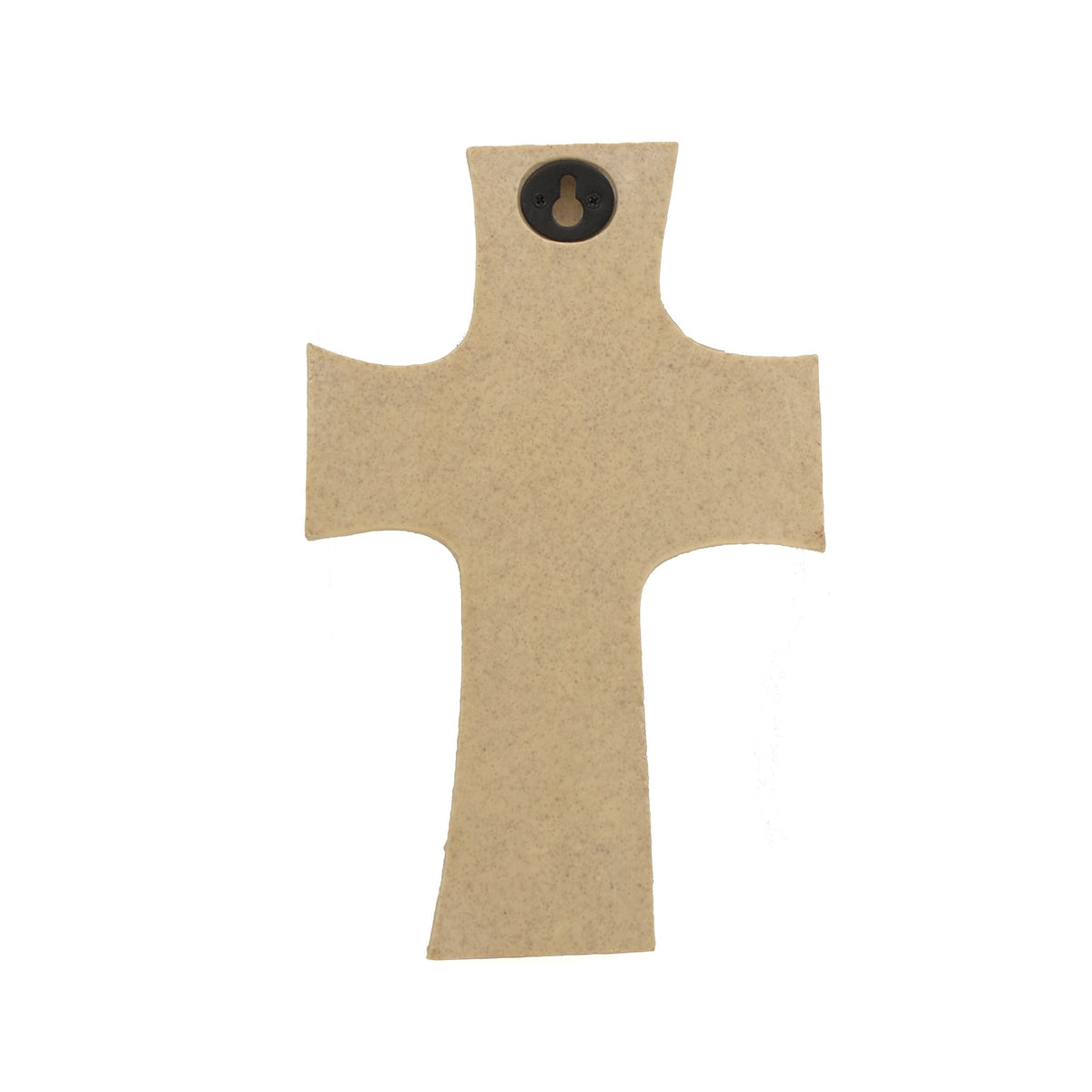 Rear view of Footprints wall cross showing its plain tan back and hanging hardware near the top.