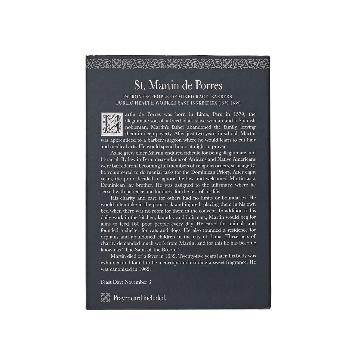 Back of St. Martin de Porres Patrons & Protectors packaging with devotional and product information