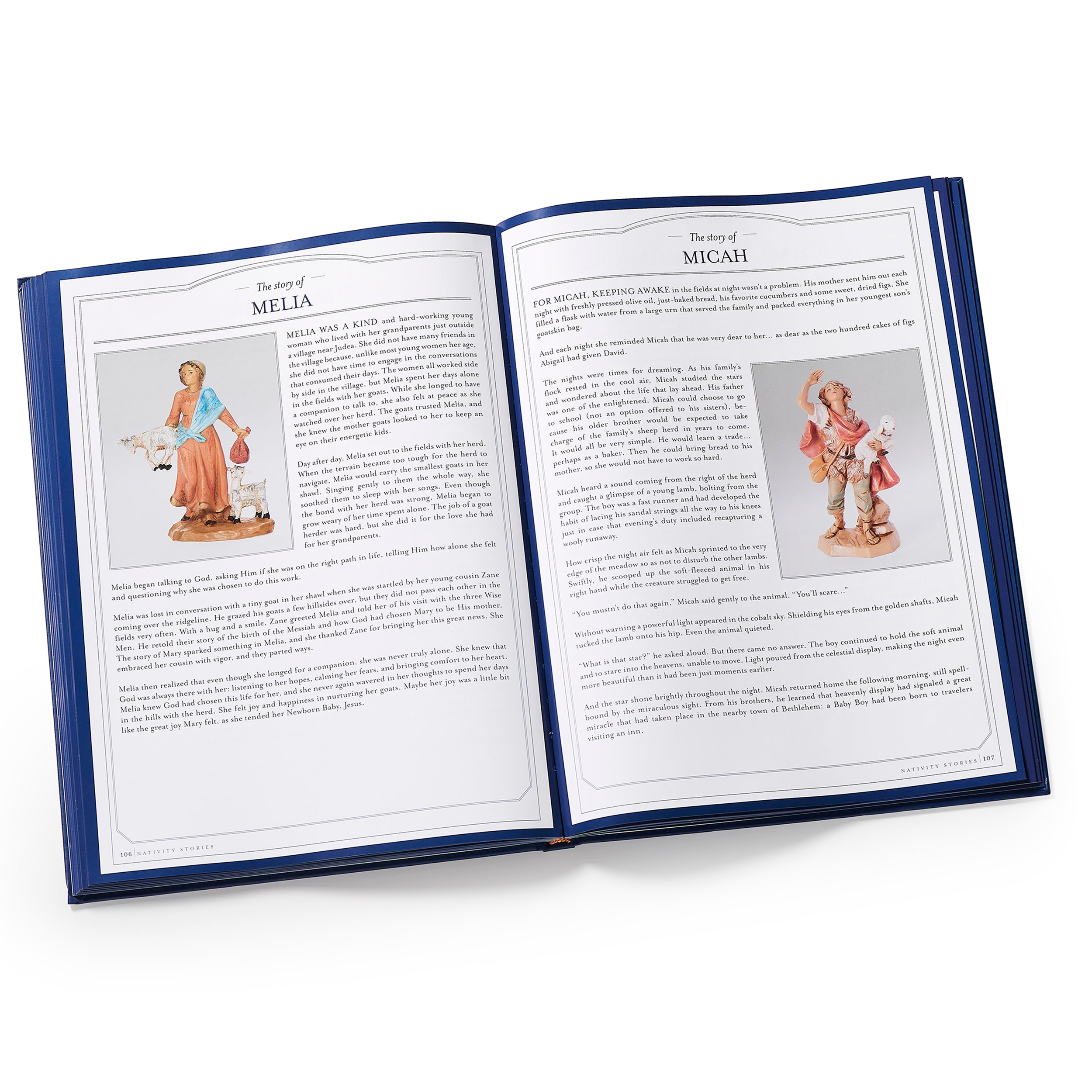An open hardcover book with a dark blue cover and white pages, showing printed text and small illustrated figures. The left page is titled 'The story of MELIA' and the right page is titled 'The story of MICAH'.