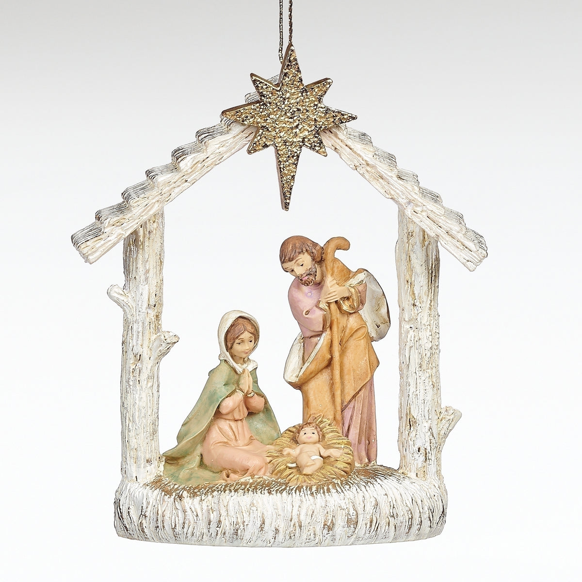 Fontanini Holy Family Stable Christmas Ornament with Mary, Joseph and Baby Jesus under star, front view