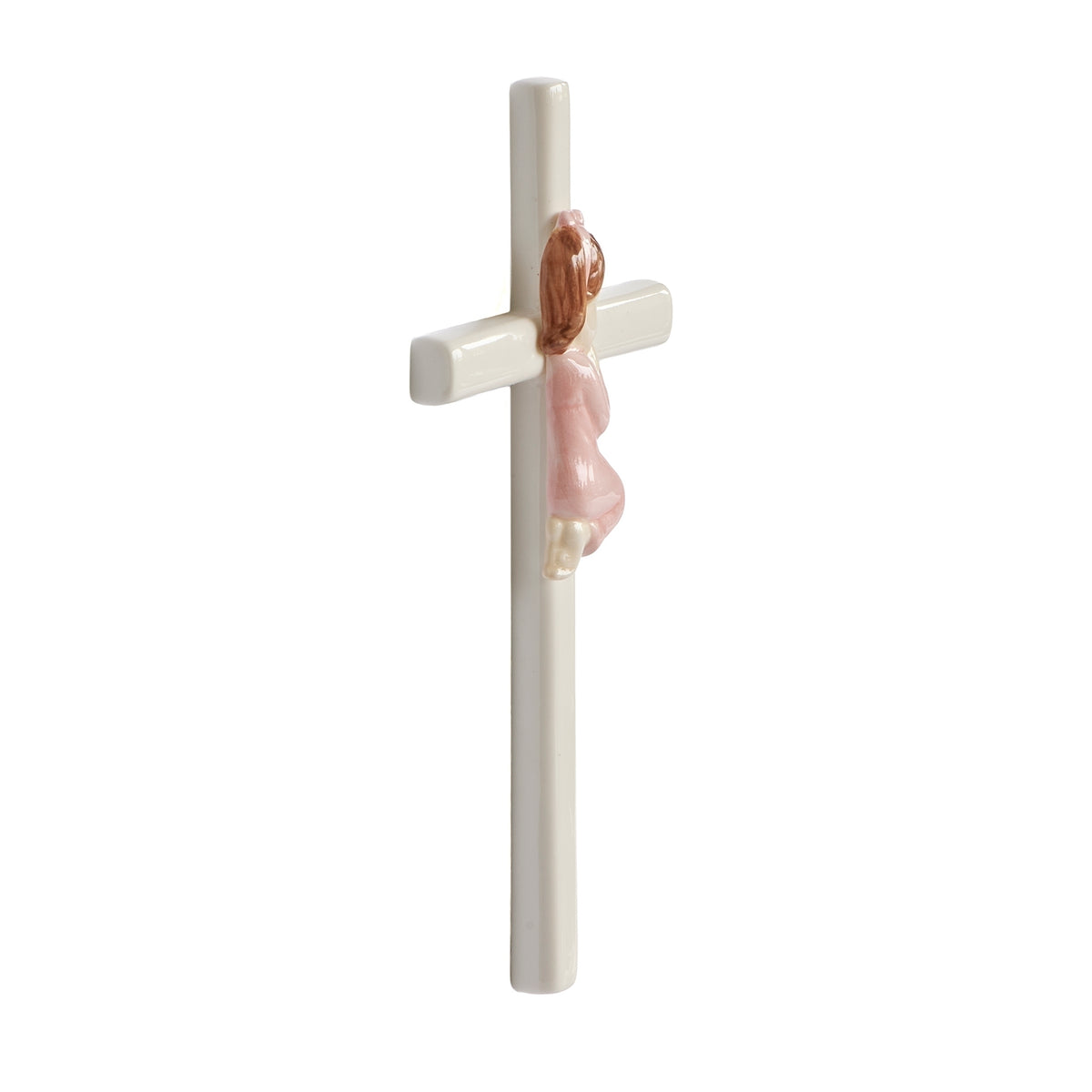 Side view of pink Praying Child Wall Cross showing the kneeling child and slim porcelain cross design