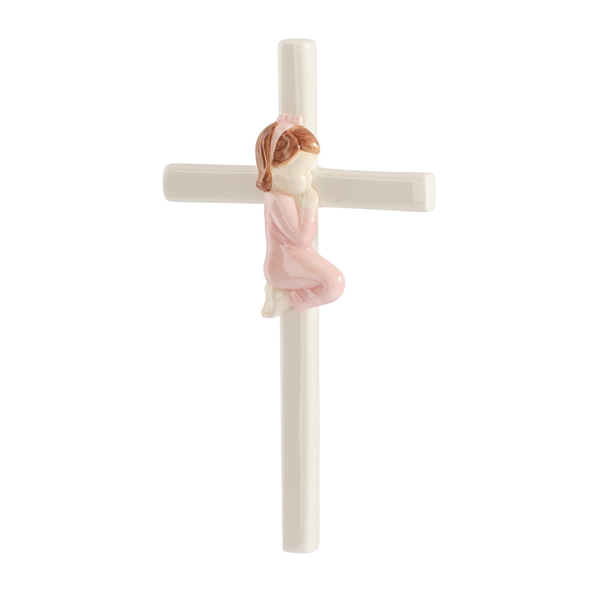 Opposite side view of pink Praying Child Wall Cross showing the kneeling child and sculpted cross profile