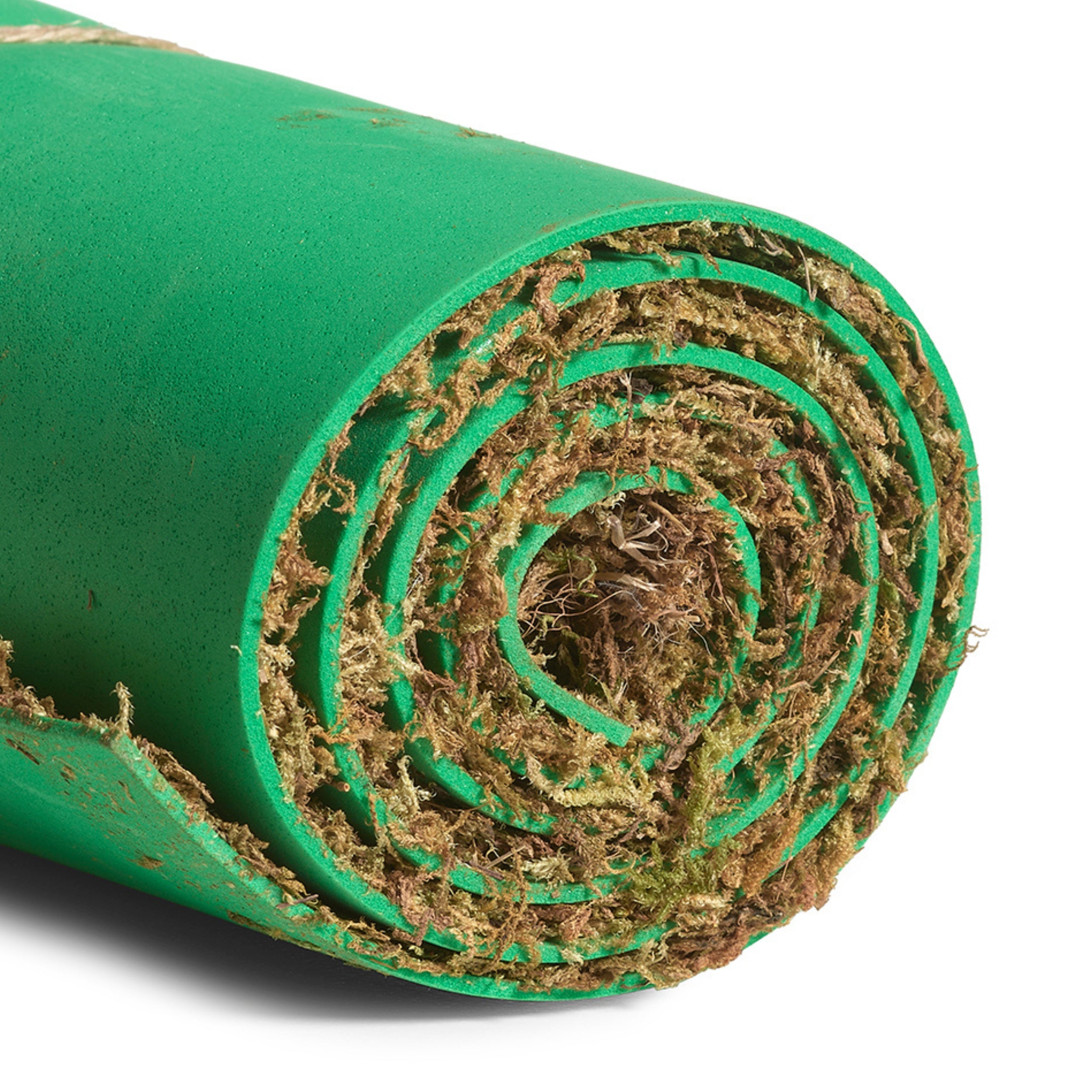 A close-up of a rolled green landscape piece with a brown mossy or fibrous backing visible along the cut edge, photographed on a white background.