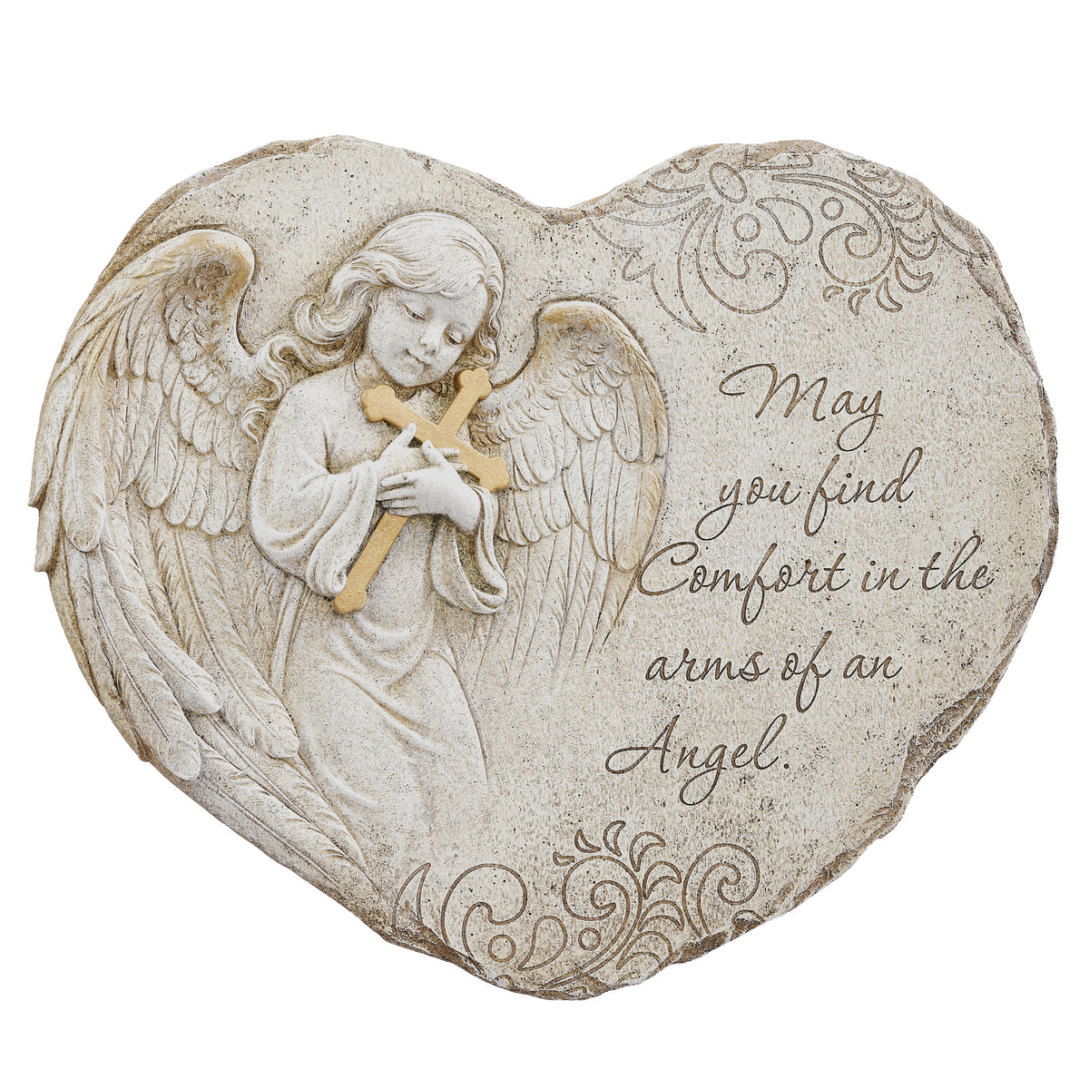 Front angled view of Joseph's Studio Memorial Angel Garden Stone showing the sculpted angel, decorative scrollwork, and memorial inscription