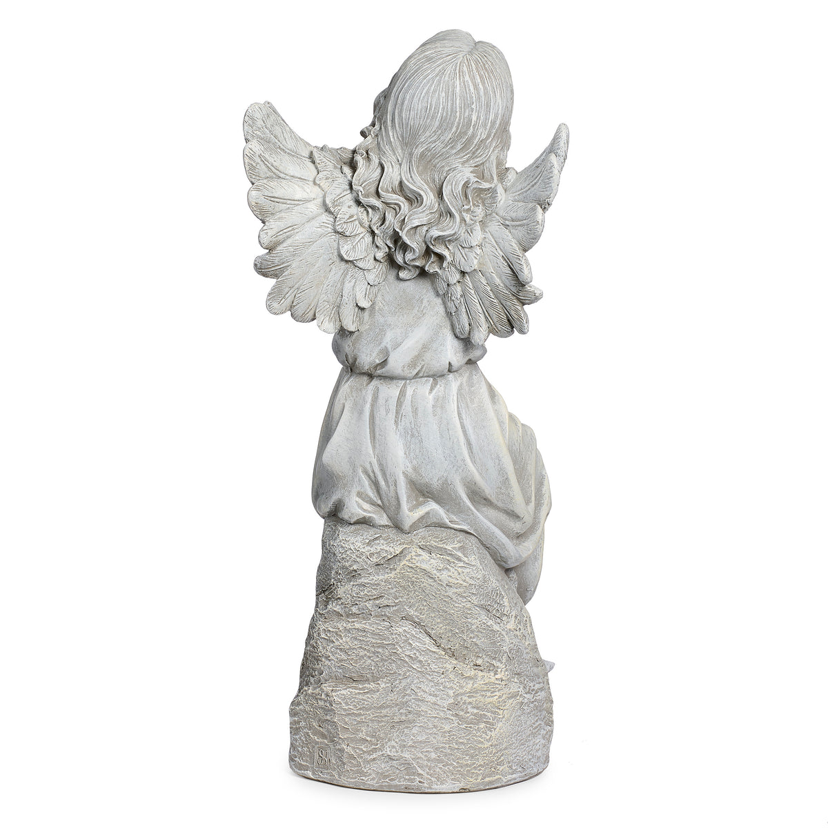 Back view of Joseph's Studio Sitting Angel Garden Statue showing the large textured wings and draped gown