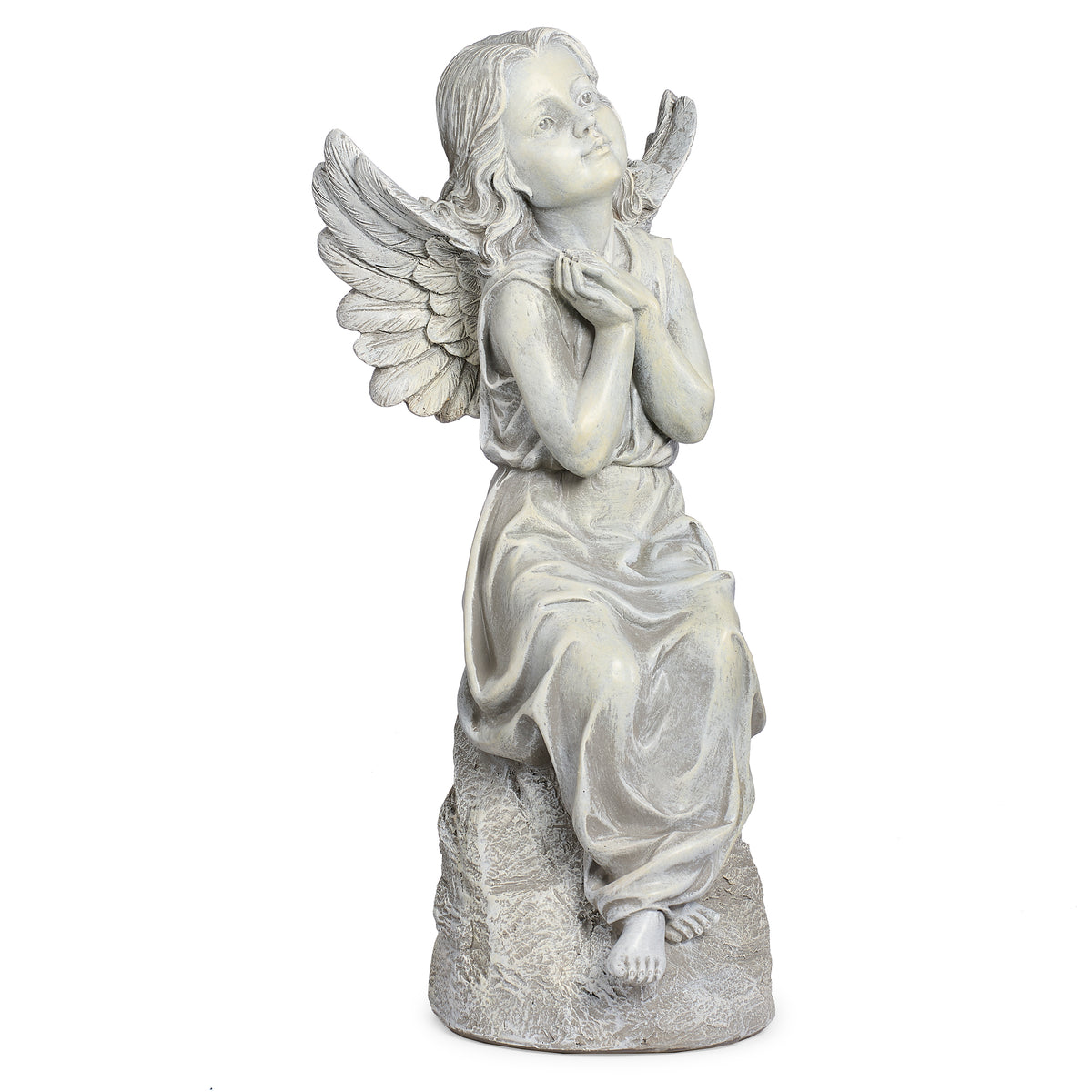 Alternate front angled view of Joseph's Studio Sitting Angel Garden Statue showing the upward gaze, flowing robes, and sculpted wings