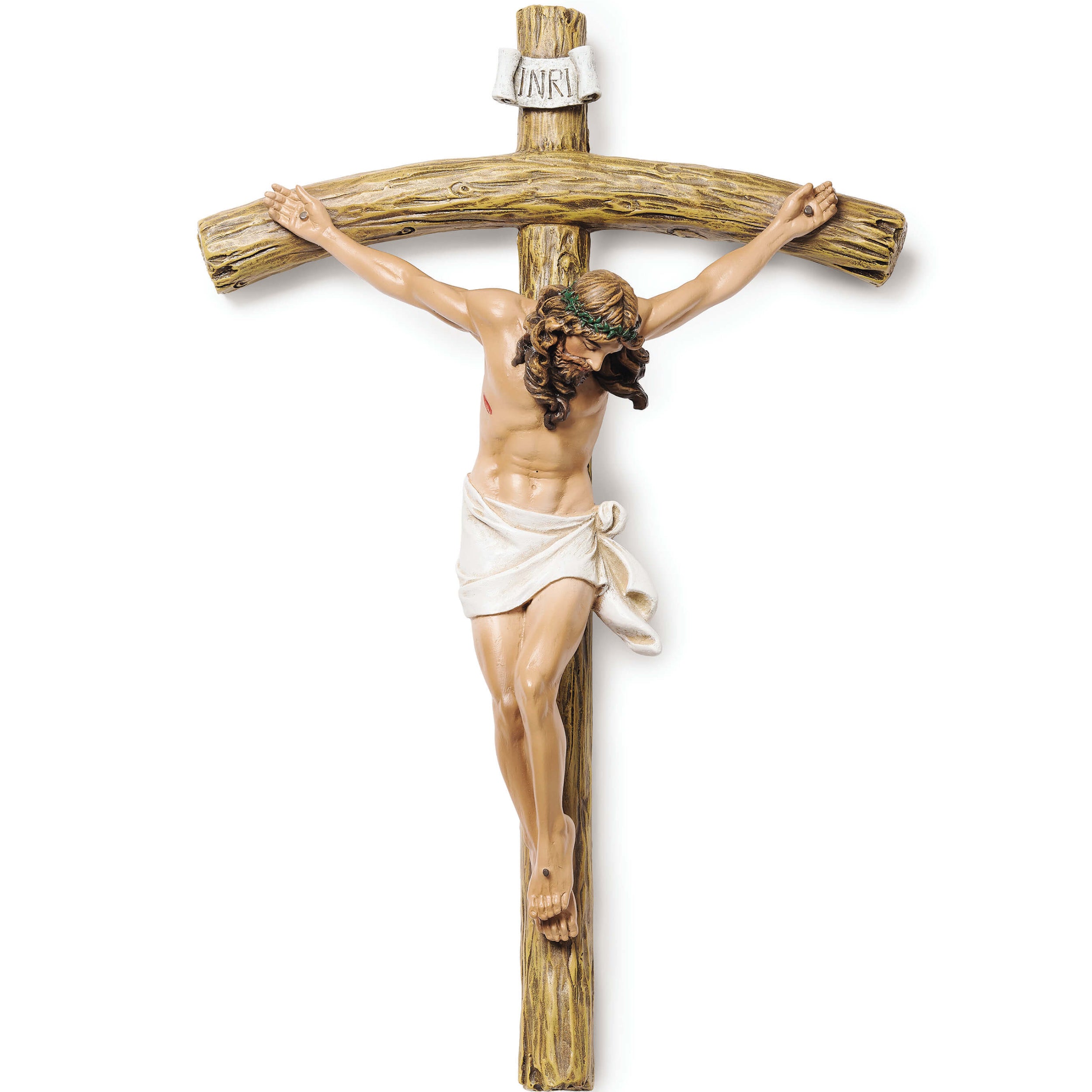 Statue of Jesus on a cross with a white background