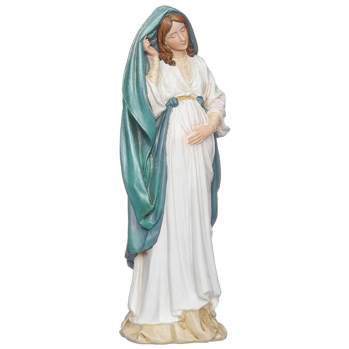 Opposite side view of Joseph's Studio Expectant Madonna 6-inch figure showing Mary gently cradling her womb in flowing white and blue robes