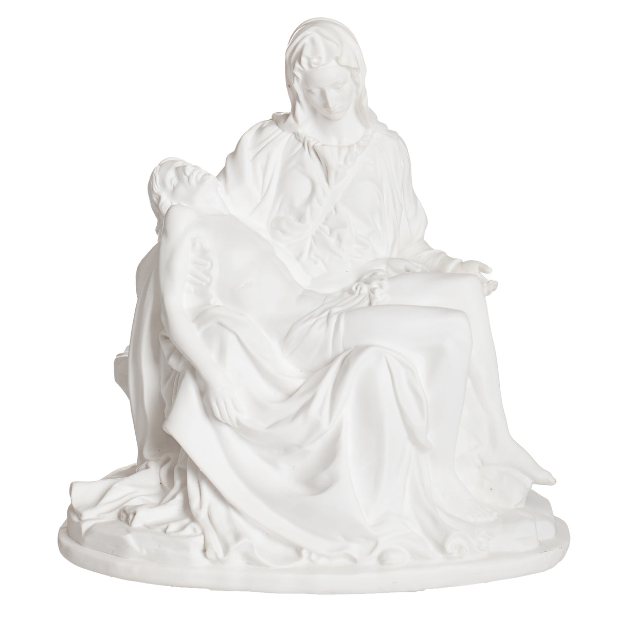 Front angled view of Joseph’s Studio White La Pietà Figure showing Mary supporting the body of Christ with flowing sculpted robes