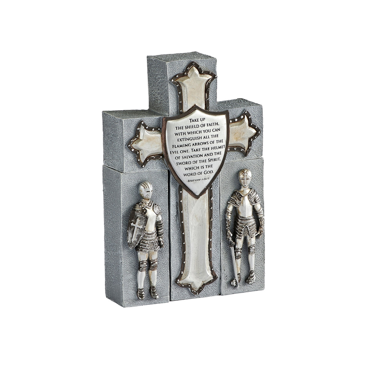 Armor of God Cross with knight figures arranged beside the shield cross