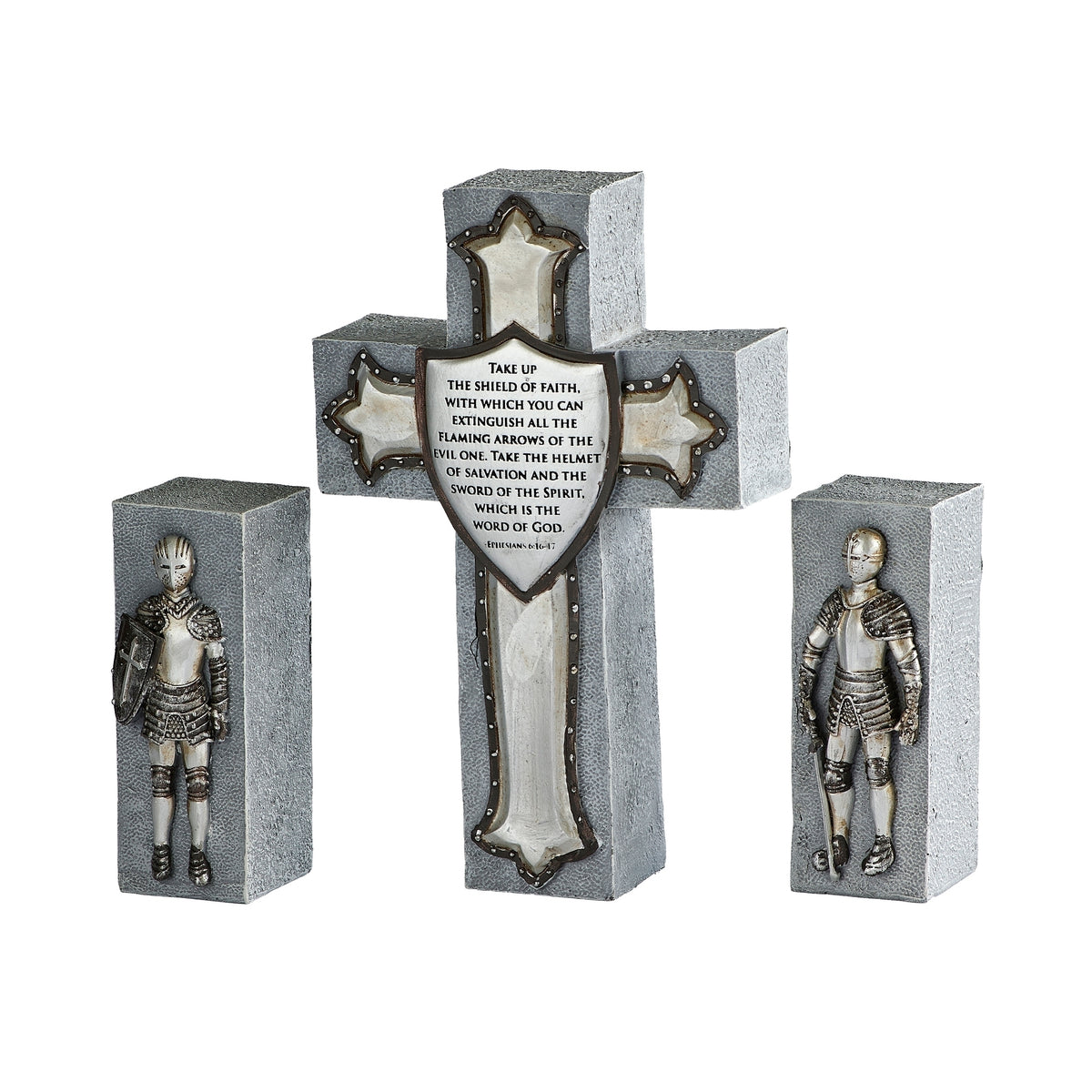Front view of Armor of God Cross with shield detail and two knight figures