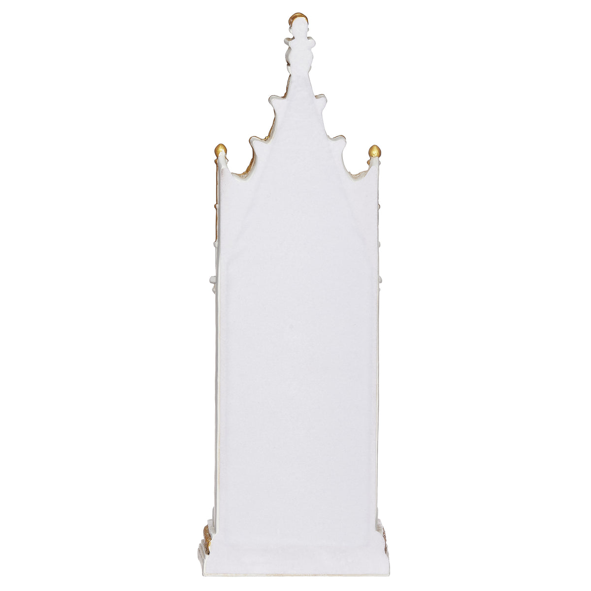 Back view of Joseph's Studio Lighted Our Lady of Grace Stained Glass Window Figure showing the plain light-colored backing and tall arched shape
