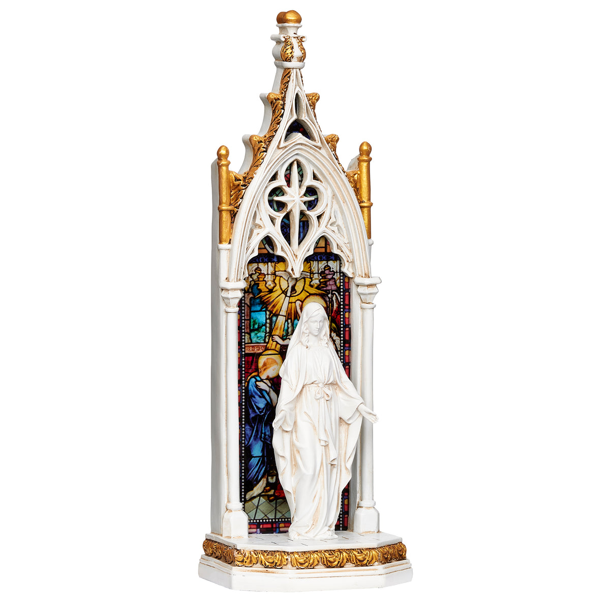 Front view of Joseph's Studio Lighted Our Lady of Grace Stained Glass Window Figure showing Mary with open arms beneath ornate Gothic detailing and colorful stained glass accents