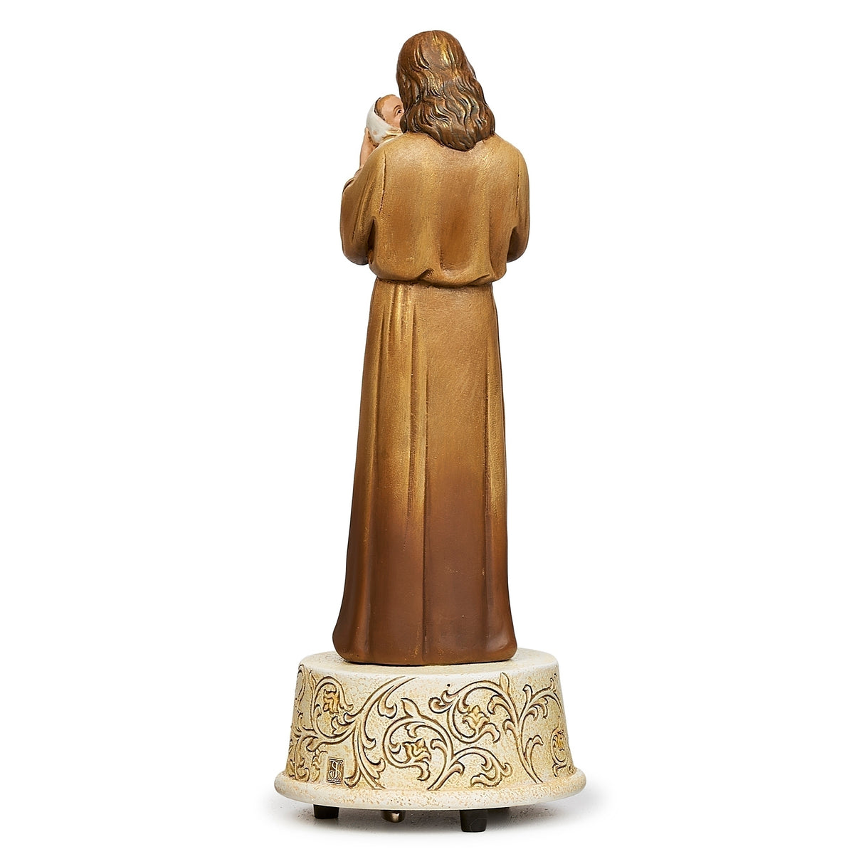 Back view of Joseph's Studio Jesus Loves Me Musical Figure showing the flowing brown robe and decorative musical base