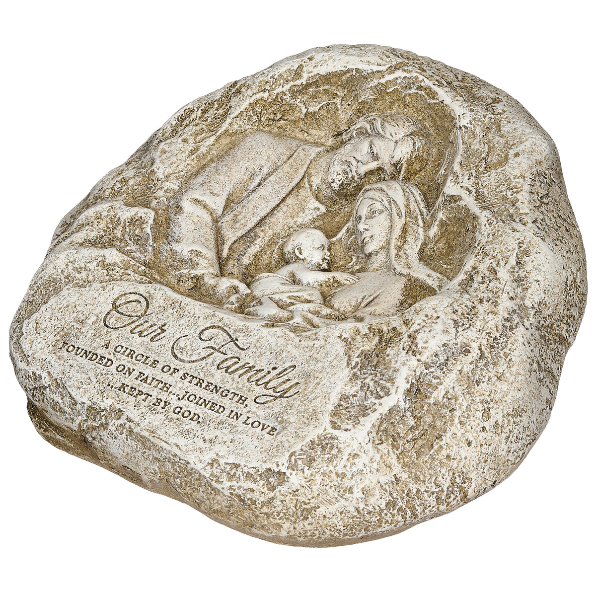 Front angled view of Joseph's Studio Holy Family Garden Stone showing the raised Holy Family scene and textured stone-look finish