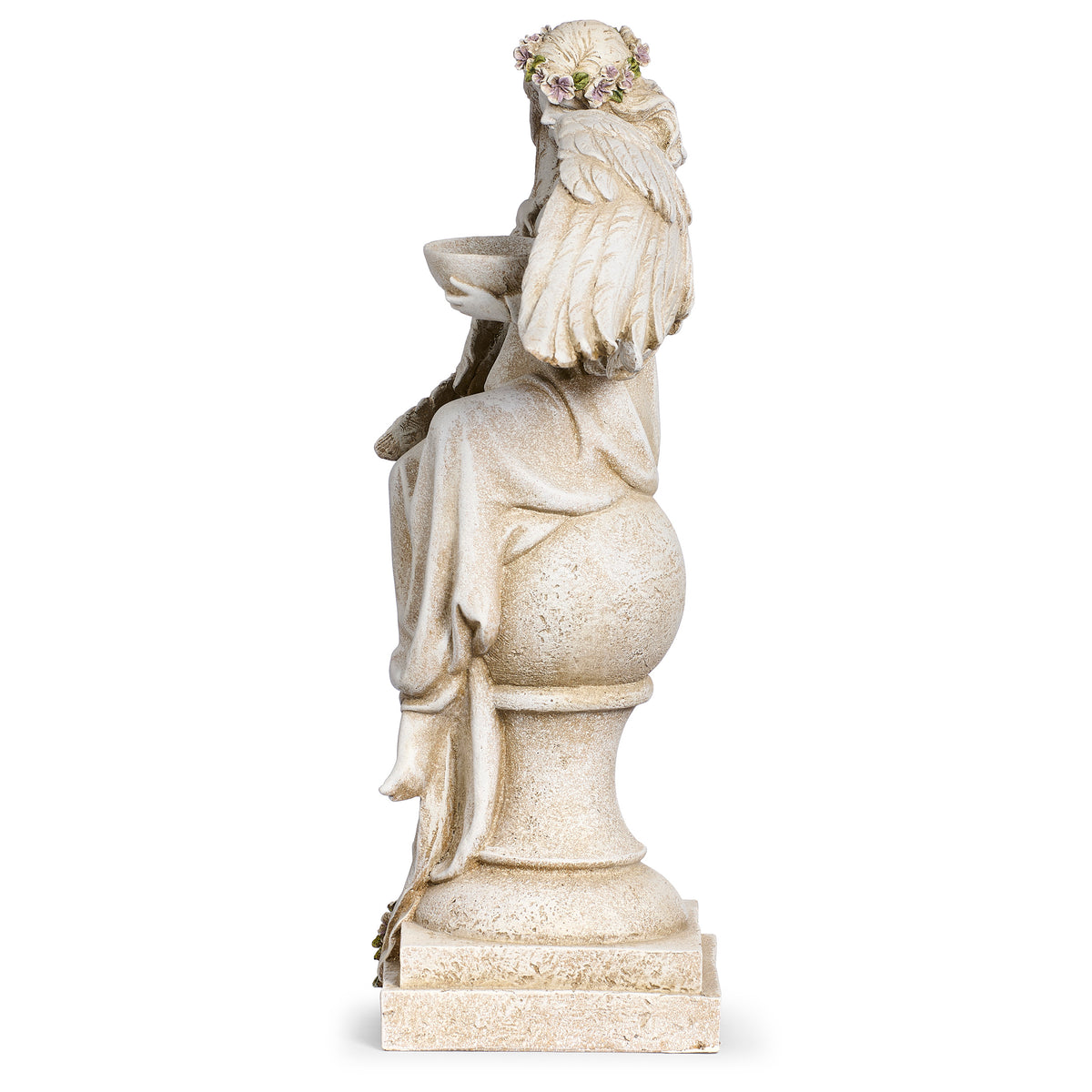 Side view of Joseph's Studio Angel with Bird Bath Statue showing the shallow bowl, sculpted gown, and pedestal base