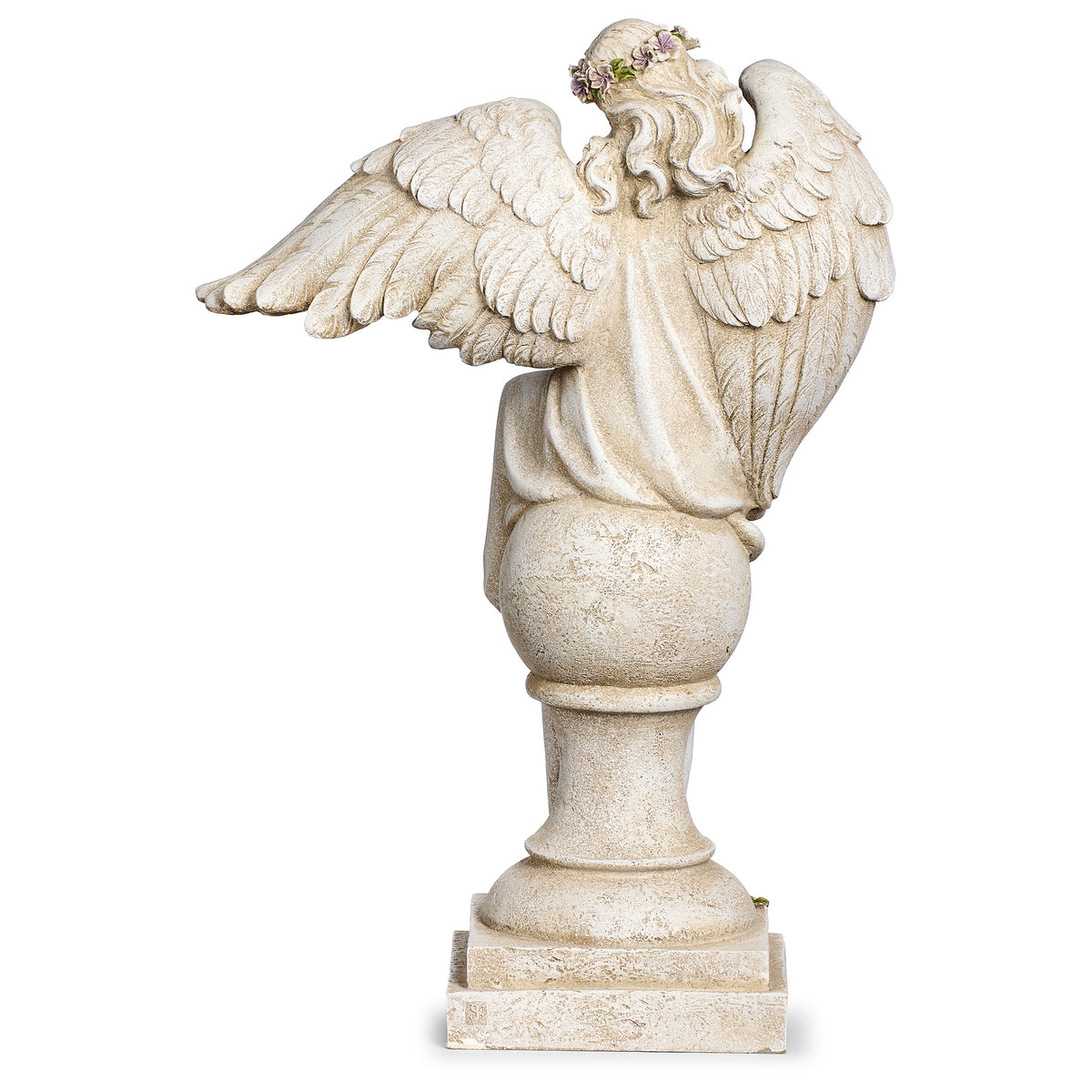 Back view of Joseph's Studio Angel with Bird Bath Statue showing the large feathered wings, flowing robe, and raised pedestal