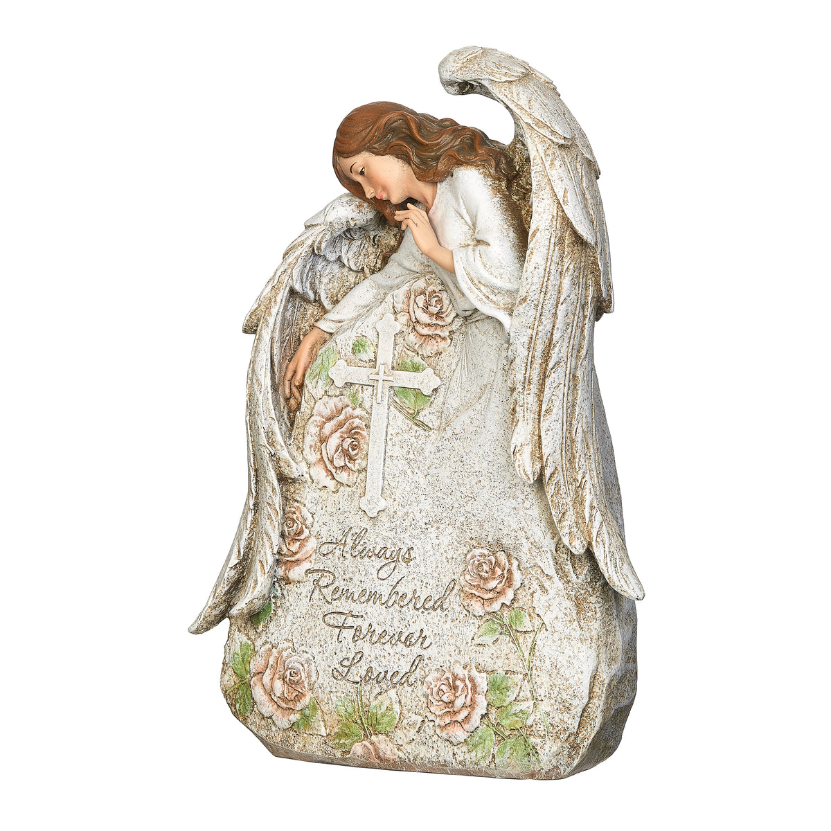 Front view of Joseph's Studio Memorial Stone with Angel Garden Statue showing the angel leaning beside the memorial stone with decorative flowers