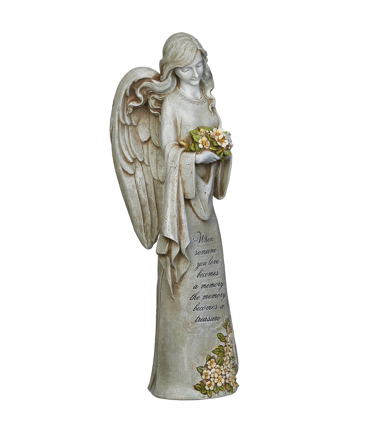 Front angled view of Joseph's Studio Memorial Angel with Flower Garden Statue showing the flower bouquet, detailed wings, memorial inscription, and floral base
