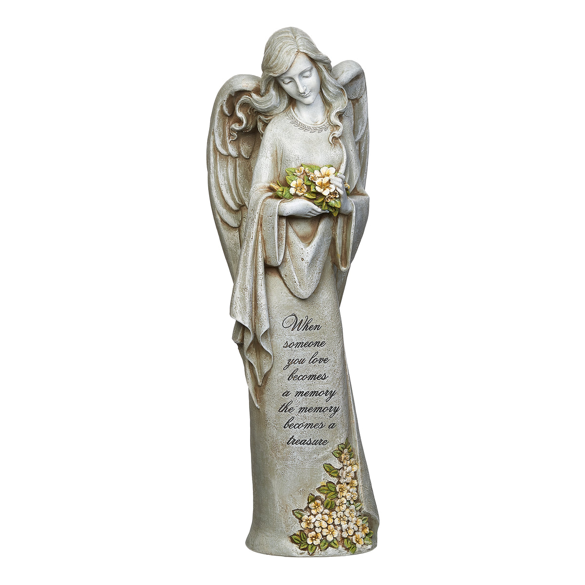 Front view of Joseph's Studio Memorial Angel with Flower Garden Statue showing the angel holding flowers with the remembrance message down the front