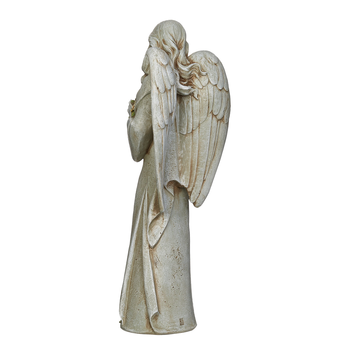 Side view of Joseph's Studio Memorial Angel with Flower Garden Statue showing the flowing gown, wing profile, and sculpted flower details