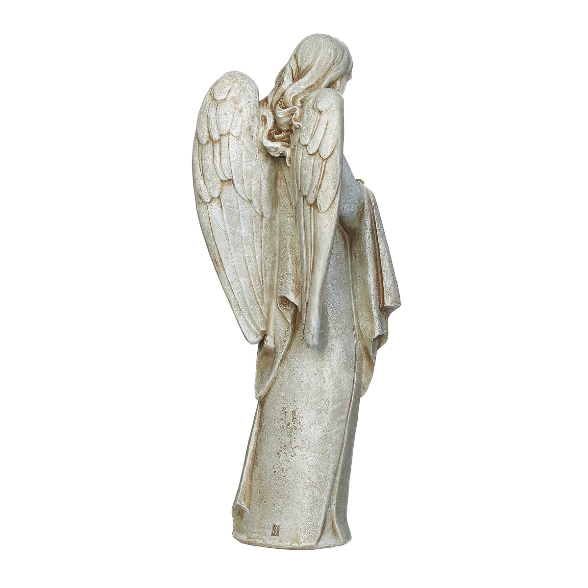 Back angled view of Joseph's Studio Memorial Angel with Flower Garden Statue showing the long robe and textured feathered wings