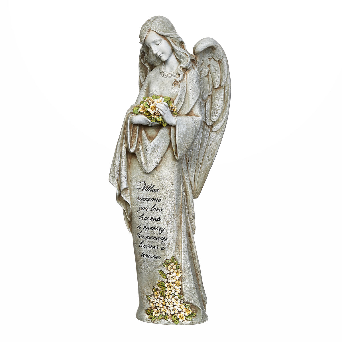 Opposite front angled view of Joseph's Studio Memorial Angel with Flower Garden Statue highlighting the bouquet, memorial inscription, and floral accents