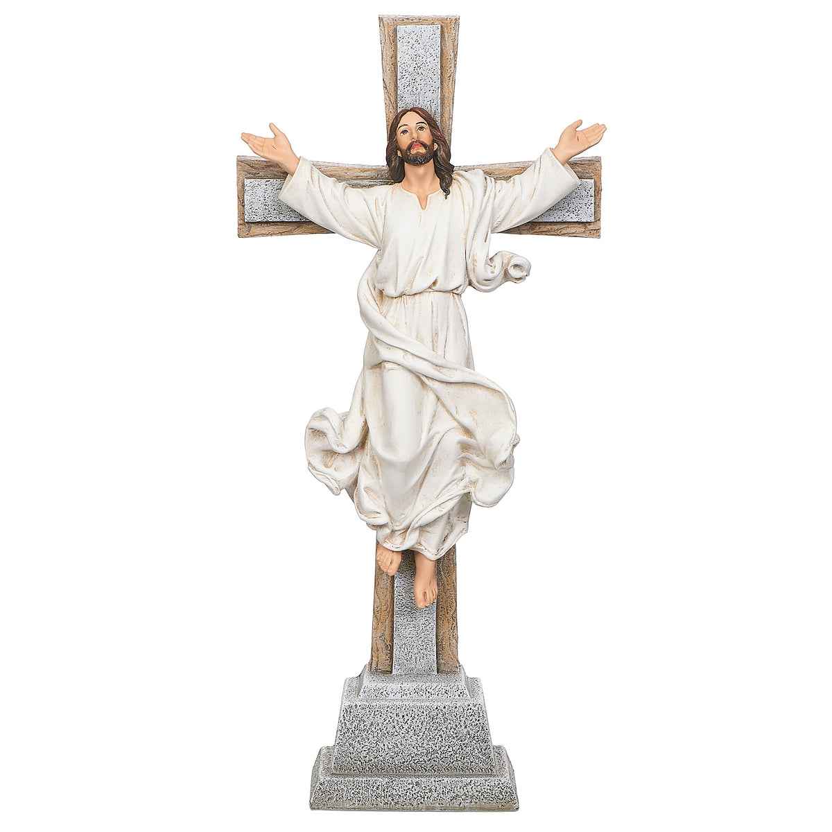 Joseph's Studio Risen Christ Standing Cross featuring Jesus in flowing white robes with arms raised before a cross on a stone-look pedestal