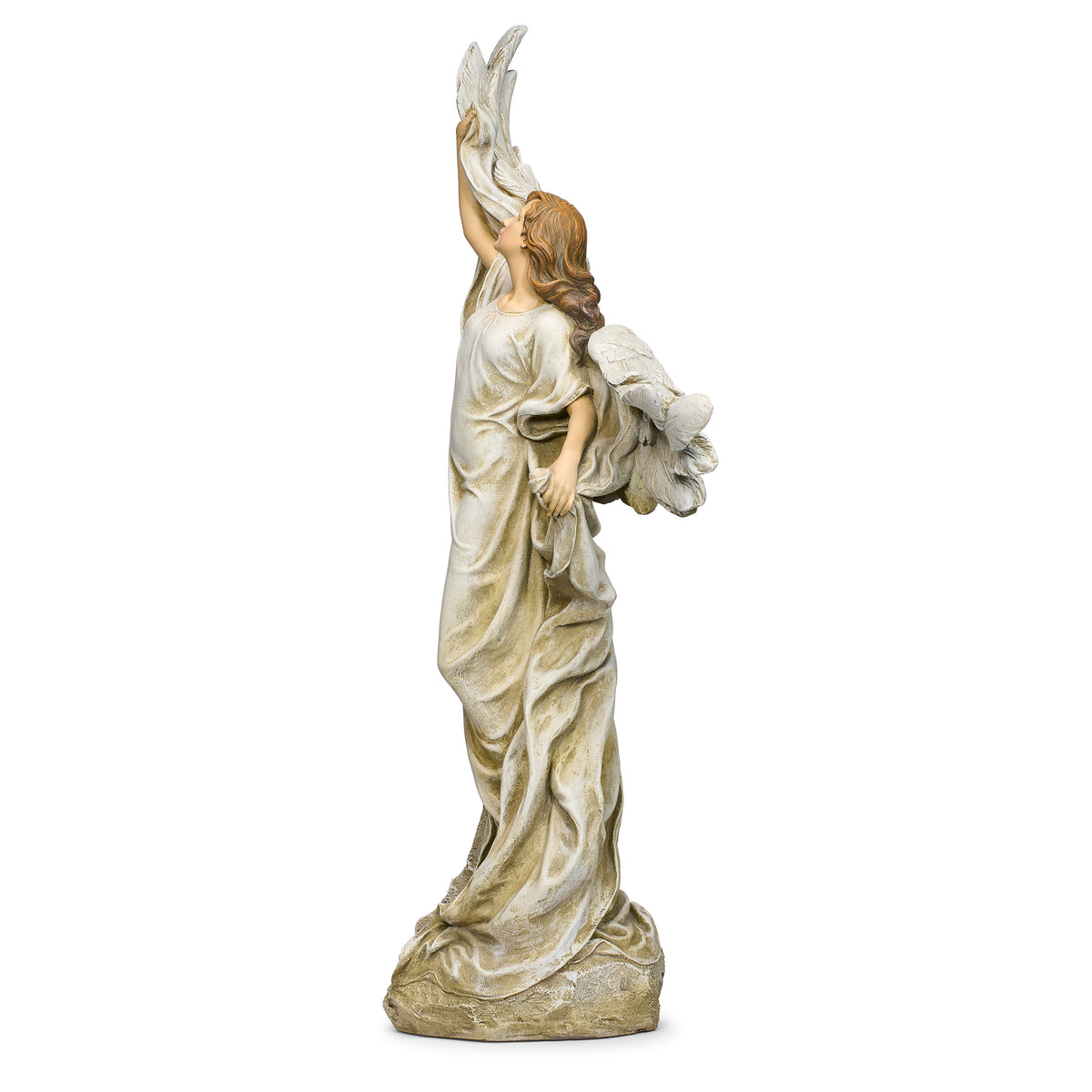 Side view of Joseph's Studio Heaven's Angel Garden Statue showing the upward-reaching pose, flowing gown, and wing profile