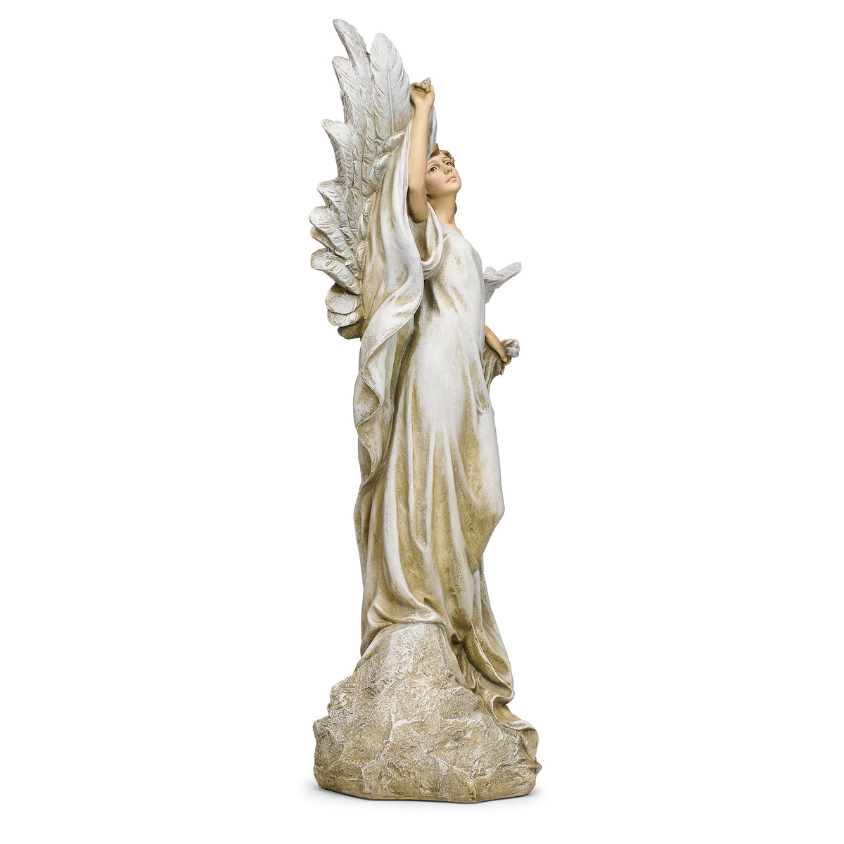 Opposite side view of Joseph's Studio Heaven's Angel Garden Statue showing the raised arm, sculpted robe folds, and extended wing