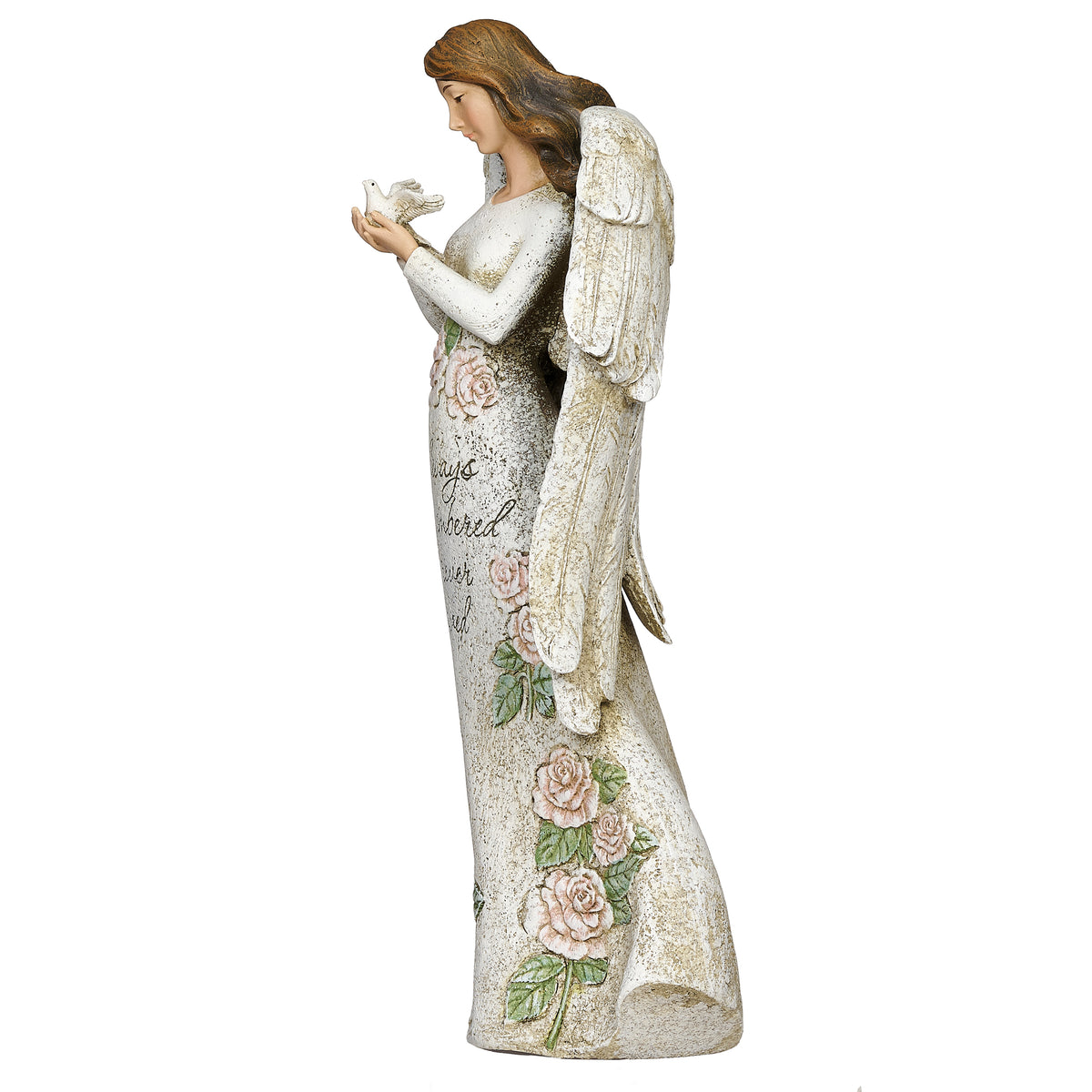 Side view of Joseph's Studio Memorial Angel with Dove Statue showing the bowed head, dove, flowing floral gown, and wing profile